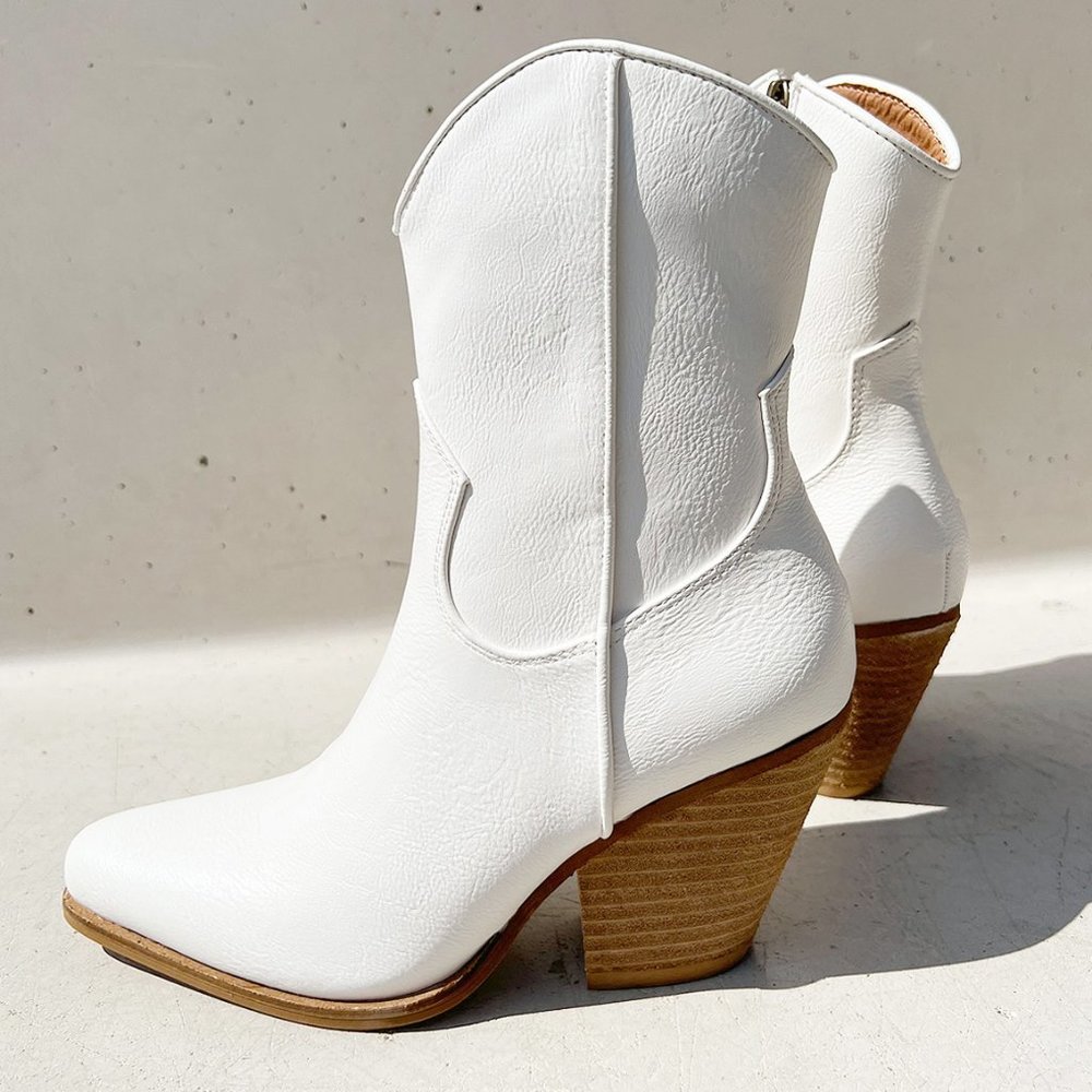 NEW Pointy Toe Stack Block Heel Western Curved Mid Ankle Booties Boots Off White - Picture 3 of 13